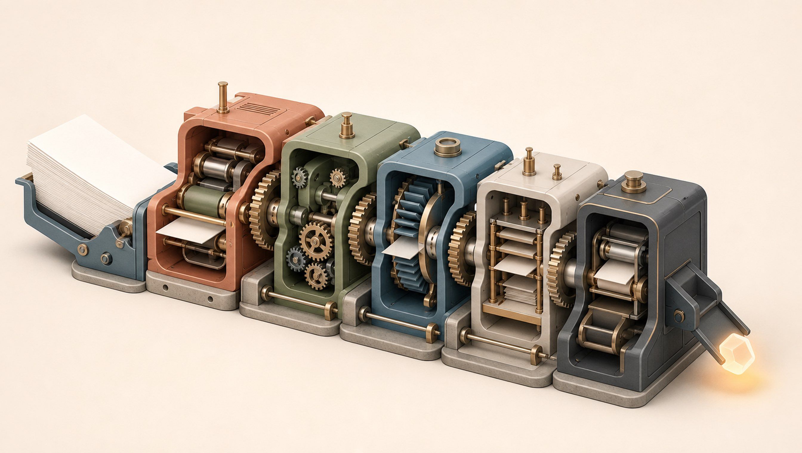 An isometric cutaway illustration of a machine turning a stack of documents into a single glowing output through five interlocking gear chambers — a knowledge base becoming an operating system.
